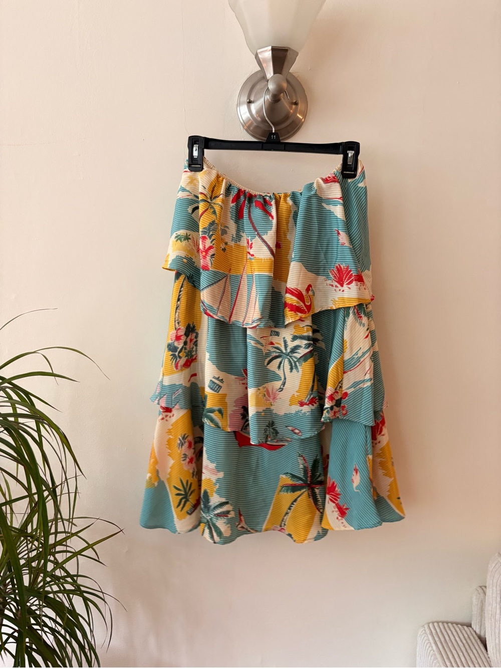 Tiered Tropical Print Midi Skirt in Teal and Yellow Size Large - Picture 3 of 5